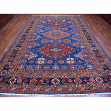 Load image into Gallery viewer, 9&#39;8&quot;x13&#39;7&quot; Neon Blue, Multiple Border, Large Triple Medallions, Hand Knotted, Natural Dyes, All Wool, Afghan Super Kazak Oriental Rug FWR534486