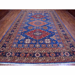 9'8"x13'7" Neon Blue, Multiple Border, Large Triple Medallions, Hand Knotted, Natural Dyes, All Wool, Afghan Super Kazak Oriental Rug FWR534486