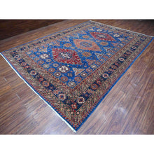 Load image into Gallery viewer, 9&#39;8&quot;x13&#39;7&quot; Neon Blue, Multiple Border, Large Triple Medallions, Hand Knotted, Natural Dyes, All Wool, Afghan Super Kazak Oriental Rug FWR534486