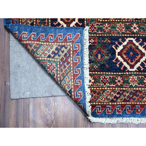 9'8"x13'7" Neon Blue, Multiple Border, Large Triple Medallions, Hand Knotted, Natural Dyes, All Wool, Afghan Super Kazak Oriental Rug FWR534486