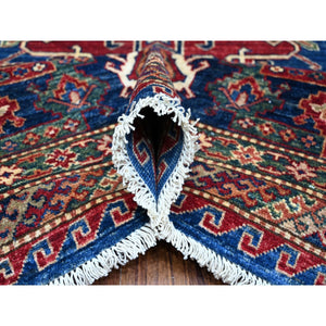 9'8"x13'7" Neon Blue, Multiple Border, Large Triple Medallions, Hand Knotted, Natural Dyes, All Wool, Afghan Super Kazak Oriental Rug FWR534486