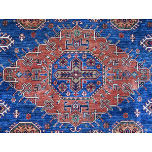 9'8"x13'7" Neon Blue, Multiple Border, Large Triple Medallions, Hand Knotted, Natural Dyes, All Wool, Afghan Super Kazak Oriental Rug FWR534486