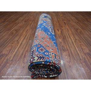 9'8"x13'7" Neon Blue, Multiple Border, Large Triple Medallions, Hand Knotted, Natural Dyes, All Wool, Afghan Super Kazak Oriental Rug FWR534486