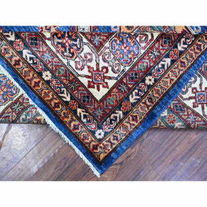 8'2"x9'10" Trypan Blue, Afghan Super Kazak All Over Tribal Geometric Pattern, All Wool, Hand Knotted, Natural Dyes Oriental Rug FWR534540