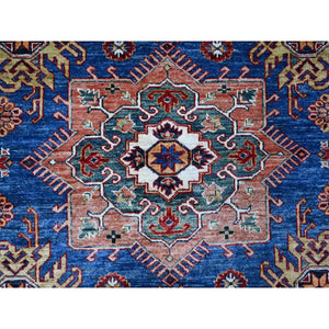 8'2"x9'10" Trypan Blue, Afghan Super Kazak All Over Tribal Geometric Pattern, All Wool, Hand Knotted, Natural Dyes Oriental Rug FWR534540