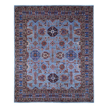 Load image into Gallery viewer, 8&#39;x10&#39; Tufts Blue, Hand Knotted, Afghan Super Kazak With Tribal Motifs All Over Design, Densely Woven, Vegetable Dyes, Oriental Rug FWR534546