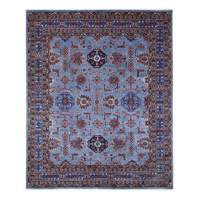 8'x10' Tufts Blue, Hand Knotted, Afghan Super Kazak With Tribal Motifs All Over Design, Densely Woven, Vegetable Dyes, Oriental Rug FWR534546