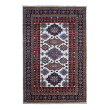 Load image into Gallery viewer, 5&#39;10&quot;x9&#39; Cloud White, Hand Knotted Natural Dyes, Afghan Shiny Wool Super Kazak All Over Geometric Design With Multiple Borders Oriental Rug FWR534564