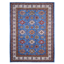 Load image into Gallery viewer, 9&#39;9&quot;x13&#39; Spectrum Blue and Bistro White, Hand Knotted Soft and Pure Wool, Afghan Super Kazak Natural Dyes Tribal And Geometric Pattern, Gallery Size Oriental Rug FWR534636