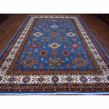 Load image into Gallery viewer, 9&#39;9&quot;x13&#39; Spectrum Blue and Bistro White, Hand Knotted Soft and Pure Wool, Afghan Super Kazak Natural Dyes Tribal And Geometric Pattern, Gallery Size Oriental Rug FWR534636