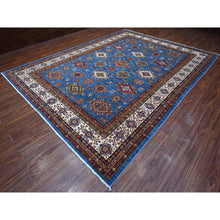 Load image into Gallery viewer, 9&#39;9&quot;x13&#39; Spectrum Blue and Bistro White, Hand Knotted Soft and Pure Wool, Afghan Super Kazak Natural Dyes Tribal And Geometric Pattern, Gallery Size Oriental Rug FWR534636