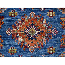 Load image into Gallery viewer, 9&#39;9&quot;x13&#39; Spectrum Blue and Bistro White, Hand Knotted Soft and Pure Wool, Afghan Super Kazak Natural Dyes Tribal And Geometric Pattern, Gallery Size Oriental Rug FWR534636