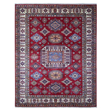 Load image into Gallery viewer, 7&#39;9&quot;x9&#39;9&quot; Cereza Red With Shoji White, Afghan Super Kazak All Over Design With Central Medallion, Vegetable Dyes, Pure and Velvety Wool, Hand Knotted, Oriental Rug FWR534660