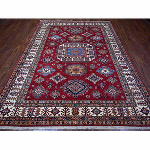 7'9"x9'9" Cereza Red With Shoji White, Afghan Super Kazak All Over Design With Central Medallion, Vegetable Dyes, Pure and Velvety Wool, Hand Knotted, Oriental Rug FWR534660