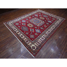 Load image into Gallery viewer, 7&#39;9&quot;x9&#39;9&quot; Cereza Red With Shoji White, Afghan Super Kazak All Over Design With Central Medallion, Vegetable Dyes, Pure and Velvety Wool, Hand Knotted, Oriental Rug FWR534660