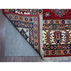 7'9"x9'9" Cereza Red With Shoji White, Afghan Super Kazak All Over Design With Central Medallion, Vegetable Dyes, Pure and Velvety Wool, Hand Knotted, Oriental Rug FWR534660