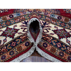 7'9"x9'9" Cereza Red With Shoji White, Afghan Super Kazak All Over Design With Central Medallion, Vegetable Dyes, Pure and Velvety Wool, Hand Knotted, Oriental Rug FWR534660