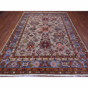 8'1"x10'1" Elephant Gray, Hand Knotted, Afghan Super Kazak Tribal Medallions, Vegetable Dyes, Soft Wool, Oriental Rug FWR534666