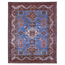 Load image into Gallery viewer, 7&#39;10&quot;x10&#39; Busty Blue, Ivory Border, Large Medallions, Hand Knotted, Natural Dyes, Afghan Super Kazak All Wool, Oriental Rug FWR534672