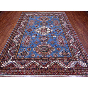 7'10"x10' Busty Blue, Ivory Border, Large Medallions, Hand Knotted, Natural Dyes, Afghan Super Kazak All Wool, Oriental Rug FWR534672