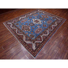 Load image into Gallery viewer, 7&#39;10&quot;x10&#39; Busty Blue, Ivory Border, Large Medallions, Hand Knotted, Natural Dyes, Afghan Super Kazak All Wool, Oriental Rug FWR534672