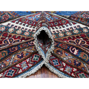 7'10"x10' Busty Blue, Ivory Border, Large Medallions, Hand Knotted, Natural Dyes, Afghan Super Kazak All Wool, Oriental Rug FWR534672