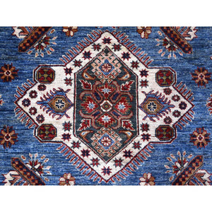 7'10"x10' Busty Blue, Ivory Border, Large Medallions, Hand Knotted, Natural Dyes, Afghan Super Kazak All Wool, Oriental Rug FWR534672