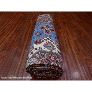 7'10"x10' Busty Blue, Ivory Border, Large Medallions, Hand Knotted, Natural Dyes, Afghan Super Kazak All Wool, Oriental Rug FWR534672