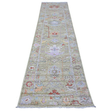 Load image into Gallery viewer, 2&#39;10&quot;x11&#39;8&quot; Olive Green, Afghan Wool Weft, Natural Dyes With Vibrant Village Flower And Tree Design, Hand Knotted Angora Oushak, Runner Oriental Rug FWR534834