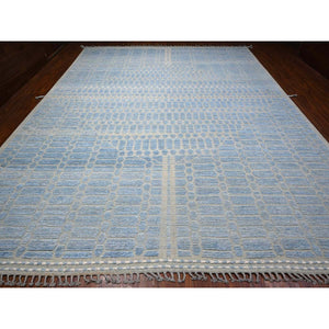 11'9"x15'1" Little Boy Blue, Hi-Low Embossed Pile, Vibrant and Soft Wool, Hand Knotted, Moroccan Weave Ben Ourain Design Oversized Oriental Rug FWR535014