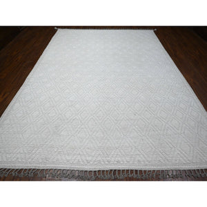 9'1"x12'1" Tahira White, Diamond Repetitive Moroccan Weave Zemmour Design, Embossed Pile, Tone On Tone, Velvety Wool, Hand Knotted, Vegetable Dyes, Oriental Rug FWR535080