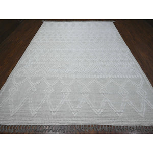 9'x12'3" Lexicon White, Hand Knotted Piled Kilim Flat Weave, Geometric Moroccan Weave Inspired Natural Wool, Vegetable Dyes, Tone On Tone, Oriental Rug FWR535122