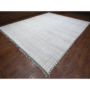 12'2"x15'2" Paper White, Hand Knotted Vegetable Dyes, Oulad Bousbaa 100% Wool, Moroccan Weave Geometric Vertical Line Design, Oriental Oversized Rug FWR535152