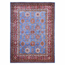 Load image into Gallery viewer, 10&#39;2&quot;x13&#39;8&quot; Dodger Blue and Burgundy Red, Hand Knotted Afghan Super Kazak With All Over Motifs, Organic Wool Vegetable Dyes, Square Oriental Rug FWR535188