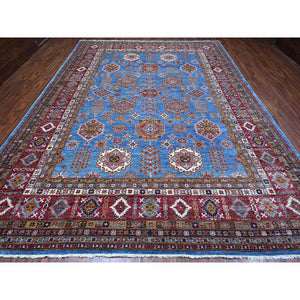 10'2"x13'8" Dodger Blue and Burgundy Red, Hand Knotted Afghan Super Kazak With All Over Motifs, Organic Wool Vegetable Dyes, Square Oriental Rug FWR535188