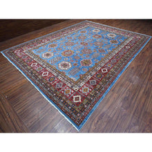 Load image into Gallery viewer, 10&#39;2&quot;x13&#39;8&quot; Dodger Blue and Burgundy Red, Hand Knotted Afghan Super Kazak With All Over Motifs, Organic Wool Vegetable Dyes, Square Oriental Rug FWR535188