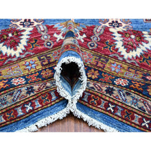 Load image into Gallery viewer, 10&#39;2&quot;x13&#39;8&quot; Dodger Blue and Burgundy Red, Hand Knotted Afghan Super Kazak With All Over Motifs, Organic Wool Vegetable Dyes, Square Oriental Rug FWR535188