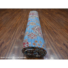 Load image into Gallery viewer, 10&#39;2&quot;x13&#39;8&quot; Dodger Blue and Burgundy Red, Hand Knotted Afghan Super Kazak With All Over Motifs, Organic Wool Vegetable Dyes, Square Oriental Rug FWR535188