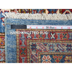 10'2"x13'8" Dodger Blue and Burgundy Red, Hand Knotted Afghan Super Kazak With All Over Motifs, Organic Wool Vegetable Dyes, Square Oriental Rug FWR535188