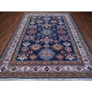 8'2"x9'10" Duke Blue and Chiffon White, Vibrant Wool, Afghan Super Kazak With Geometric Medallions Design, Vegetable Dyes, Hand Knotted Oriental Rug FWR535206