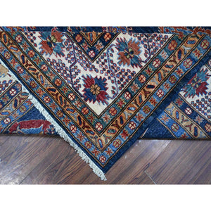 8'2"x9'10" Duke Blue and Chiffon White, Vibrant Wool, Afghan Super Kazak With Geometric Medallions Design, Vegetable Dyes, Hand Knotted Oriental Rug FWR535206