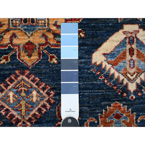 8'2"x9'10" Duke Blue and Chiffon White, Vibrant Wool, Afghan Super Kazak With Geometric Medallions Design, Vegetable Dyes, Hand Knotted Oriental Rug FWR535206