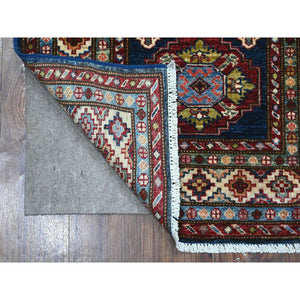 2'7"x6'4" Yale Blue, Afghan Super Kazak With Geometric Medallions, Natural Dyes, All Wool, Hand Knotted Runner Oriental Rug FWR535344