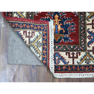 2'1"x3' Picotee Blue, Afghan Natural Dyes Super Kazak Large Geometric Elements, Pure Wool, Hand Knotted Mat Oriental Rug FWR535350