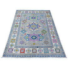 Load image into Gallery viewer, 5&#39;x6&#39;4&quot; Cloud Gray, Colorful Hand Knotted Fusion Kazak, Soft And Shiny Wool, Caucasian Medallions All Over Design, Oriental Rug FWR535374