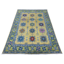 Load image into Gallery viewer, 5&#39;x6&#39;9&quot; Old Gold, All Natural Wool, Hand Knotted, Fusion Kazak, Colorful Caucasian Motifs Design, Oriental Rug FWR535386