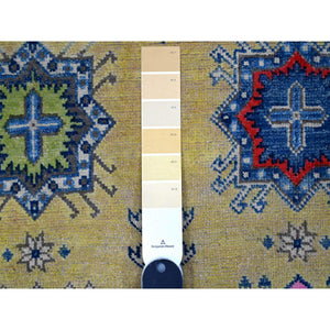 5'x6'9" Old Gold, All Natural Wool, Hand Knotted, Fusion Kazak, Colorful Caucasian Motifs Design, Oriental Rug FWR535386