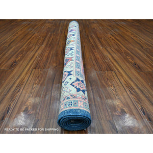 5'x6'10" Lowes Blue, Multiple Borders, Hand Knotted With Pop Of Color, Fusion Kazak, All Over Vibrant Caucasian Elements, Oriental Rug FWR535392