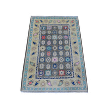 Load image into Gallery viewer, 2&#39;9&quot;x4&#39; Power Gray, Extra Soft Wool, Hand Knotted With Colorful Caucasian Design, Fusion Kazak Oriental Rug FWR535440