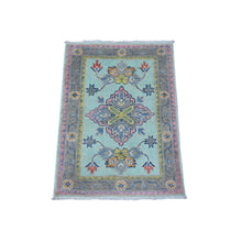 Load image into Gallery viewer, 2&#39;x2&#39;9&quot; Non Photo Blue, Hand Knotted Fusion Kazak, Pure And Soft Wool, Floral Caucasian All Over Design, Mat Oriental Rug FWR535476